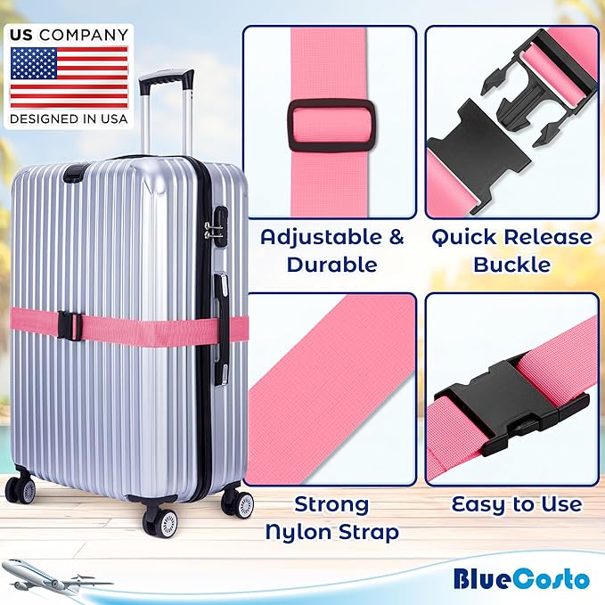 Luggage Straps for Suitcases - TSA Approved - Pink, 4 PK - Premium Nylon Belts for Suitcase, Briefcase & Travel Bag - Adjustable Strap Length 46" - 78"