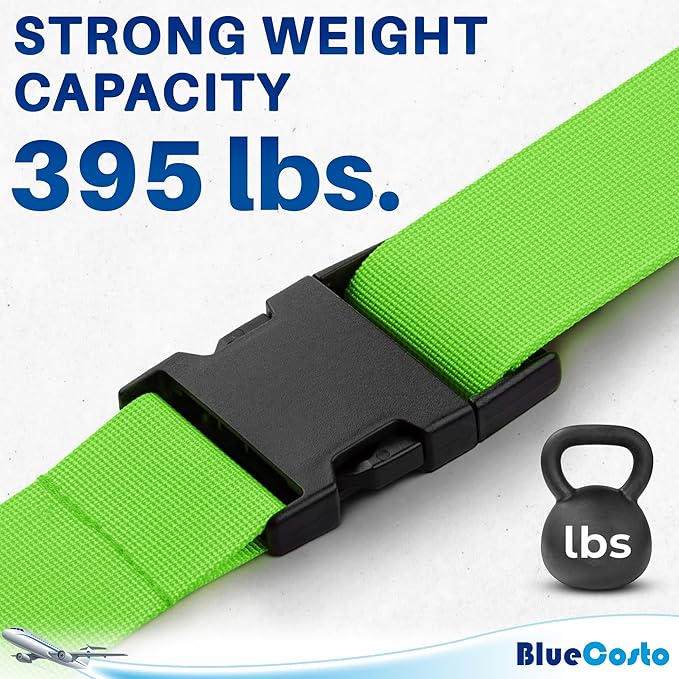Luggage Straps for Suitcases - TSA Approved - Neon Green, 4 PK - Premium Nylon Belts for Suitcase, Briefcase & Travel Bag - Adjustable Strap Length 46" - 78"