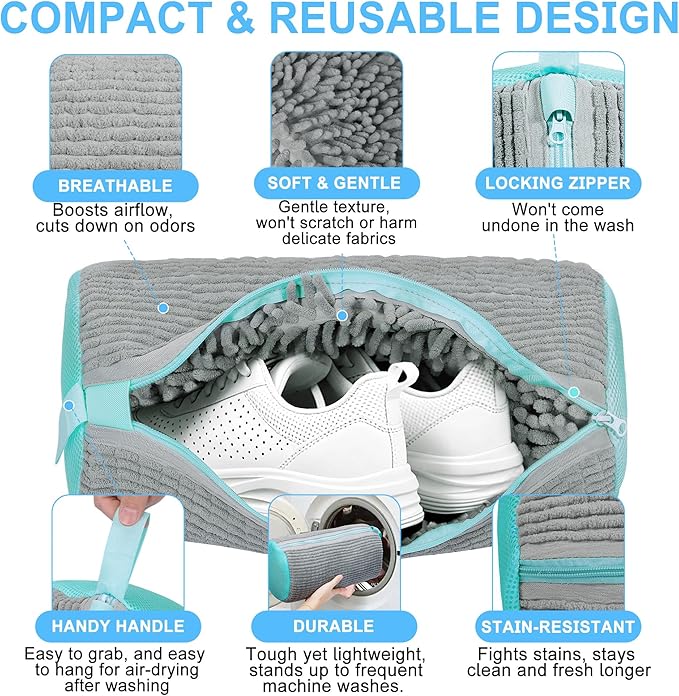 vorona Shoe Washing Machine Bag, 2PCS Reusable Shoe Bag for Washing Machine, 360° Deep Clean, Includes 4 Shoe Storage Dust Bags & 2 Drying Racks, XXL Laundry Shoe Bag for Sneakers Tennis Shoes, Grey