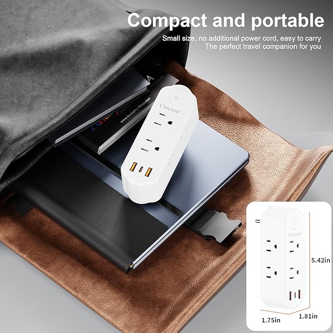 Outlet Extender Surge Protector, 360° Rotating Plug Power Strip with 6 AC Outlets, 3-Sided Space Saving Design, 3 Ports (2 USB-A + 1 USB-C) Multi Plug Expander On/Off Switch for Home, Office, Travel