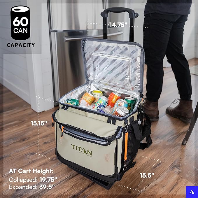 Titan by Arctic Zone Collapsible Wheeled Soft Sided Cooler with Detachable Rolling AT Cart, Insulated Bag with Leak Proof Lining, for Travel, Beach, Picnic, 60 Can Capacity