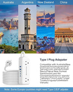 Australia Power Plug Adapter - New Zealand Power Adapter with 4 American Outlets 5 USB (3 USB-C) Total 24W, Type I Plug Adapter and Outlet Converter for US to Australia, AU, Argentina, China, 4FT