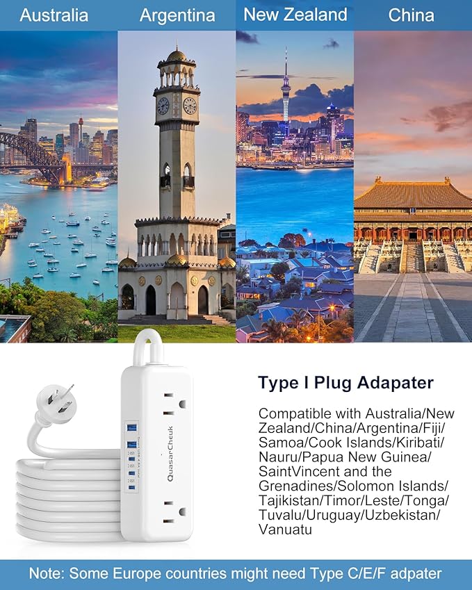 Australia Power Plug Adapter - New Zealand Power Adapter with 4 American Outlets 5 USB (3 USB-C) Total 24W, Type I Plug Adapter and Outlet Converter for US to Australia, AU, Argentina, China, 4FT