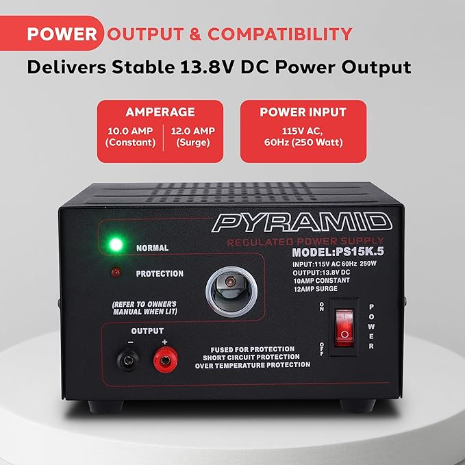Pyramid Universal Compact Bench Power Supply - 10 Amp Linear Regulated Home Lab Benchtop AC-to-DC Converter w/ 13.8 Volt DC 115V AC 250W Input, Screw Type Terminal, 12V Car Cigarette Lighter-PS15K.5