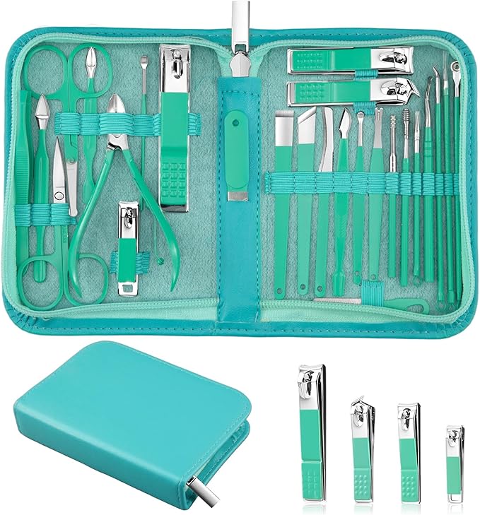 MINKINH Travel Manicure Set 26-Piece, Portable Nail Clippers Kit with PU Case, Carbon Steel Clippers, 410 Stainless Steel Grooming Tools, Hand Foot Facial Care for Luggage Backpack（Green）