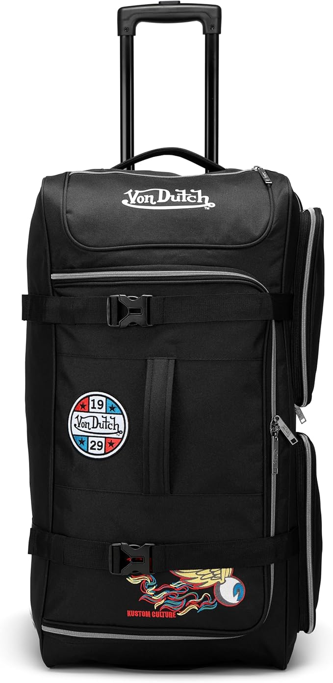 Von Dutch Signature Patch Checked 28-Inch Rolling Duffel with Telescopic Trolley Handle and Inline Skate Wheels