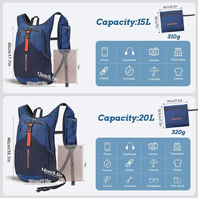 BECOJADDE 15L Small Hiking Backpack for Men Women Foldable Packable Back Pack Ultralight Hiking Daypack for Travel Camping Outdoor, Navy Blue