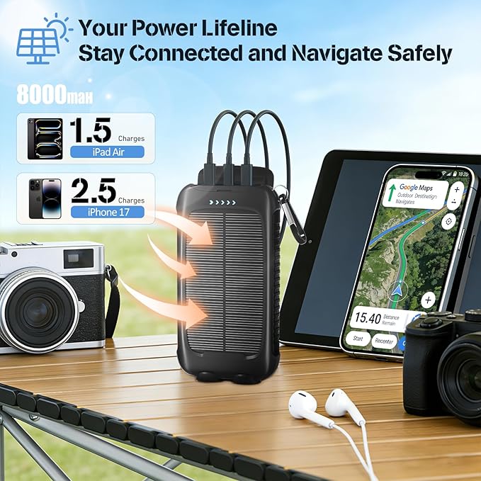 Portable Charger Solar Power Bank 20000mAh with USB-A and USB-C 5V/3A Output Port Black Battery Pack Compatible with iPhone, Samsung, Waterproof Emergency LED Flashlights Perfect for Camping, Hiking