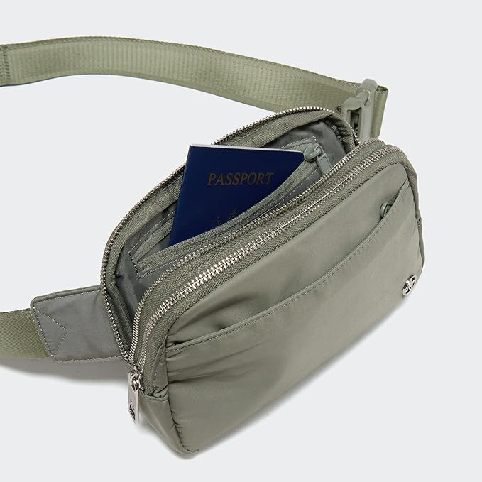Pander Everywhere Belt Bag for Women, 5 Zipper Pockets Nylon Crossbody Fanny Pack Purse (Grey Sage).