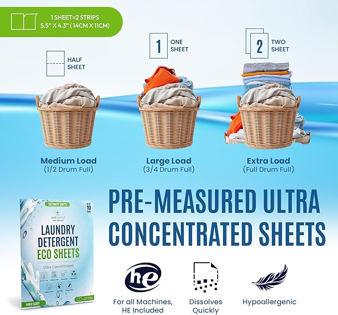 Eco-Friendly Travel Size Laundry Detergent Sheets - 10 Loads Ultra Concentrated, Stain-Fighting Enzymes & Plant Powered, Compact Washer Sheets, Pocket Friendly, Hot/Cold Cycles, Tough on Stains & Odor