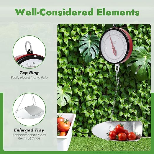 22LBS Double Sided Dial Hanging Scale, Mechanical Hanging Scale with Scoop/Chain, Portable Handheld Scale Commercial Household Weighing Scales for Supermarkets Farm Kitchen (Red/Black)