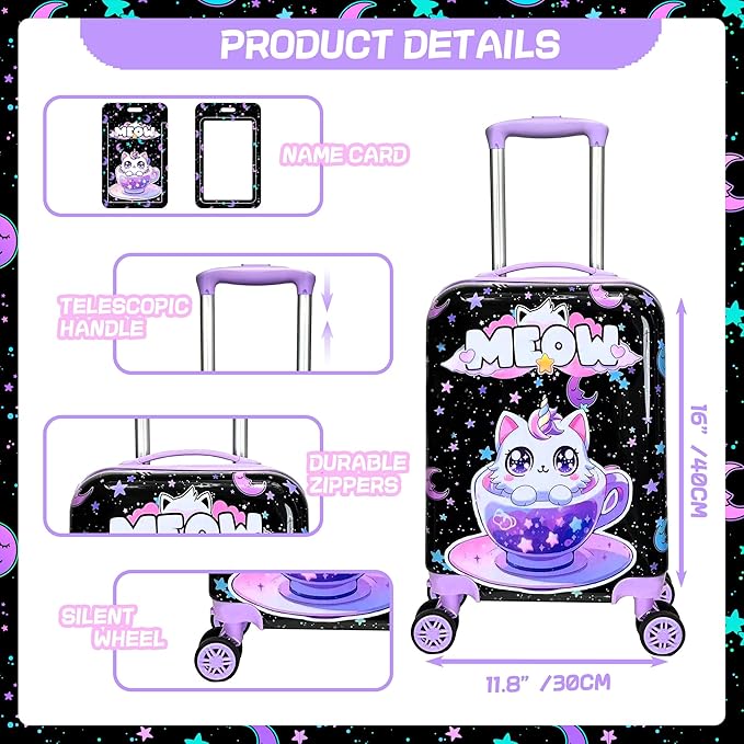 Kid’s Luggage Set 2 Piece Suitcase Set 16’’ Hardside Luggage with Spinner Wheels Girls Carry on Toddler Luggage Travel Rolling Luggage Airline Approved