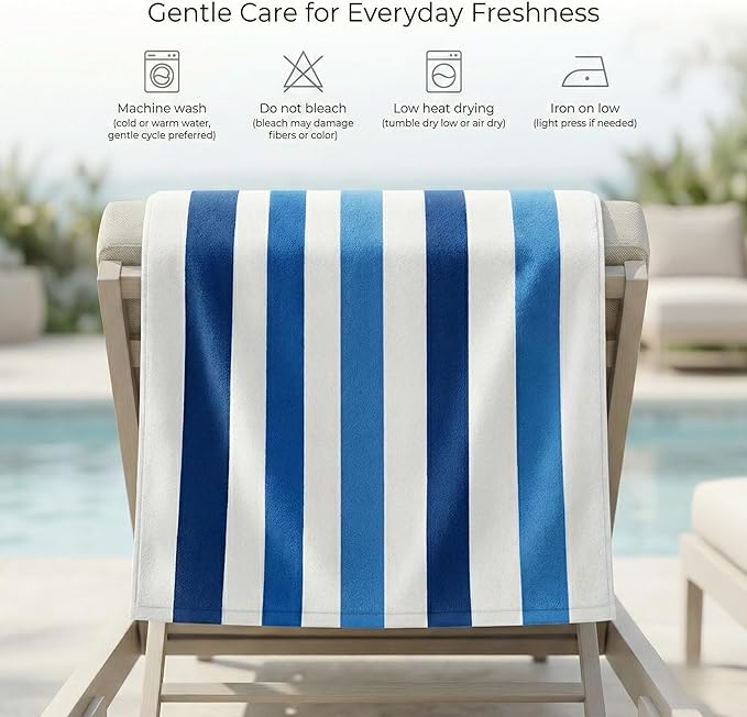 Premium Velour Cabana Beach Towel 2 Pack, 30” x 60” Soft Plush Cotton Pool Towel, Absorbent Quick Dry Towel for Beach and Pool (Riviera Stripe)