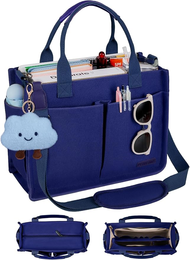 BESBESME Canvas Tote Bag for Women with Zipper & Compartments– Large Work & College Laptop Tote Crossbody Shoulder Bag