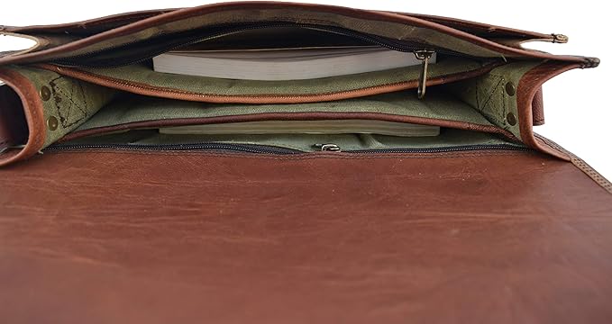 Genuine Vintage Leather Crossbody Messenger Bag, Slim Vertical Messenger Bag Fits 13 Inch Laptop, Unisex Shoulder Bag with Adjustable Straps and Brass Accessories, Brown