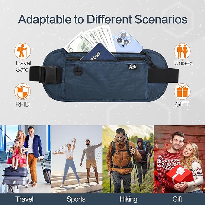 TRAVELSAFE Slim RFID Blocking Money Belt for Travel - Anti-Theft Hidden Passport Holder Waist Wallet with Secure Pouch for Cash, Credit Cards & Phone Safe (Navy Blue)