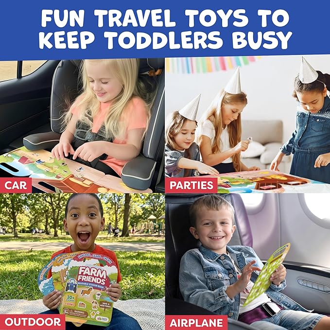 Reusable Sticker Books for Toddlers 1-3, Stickers for Toddlers 2-4 Years - Stickers for Kids Airplane Toys for Toddler 1-3, Toddler Travel Toys - Reusable Sticker Book Birthday Gifts for Boys Girls