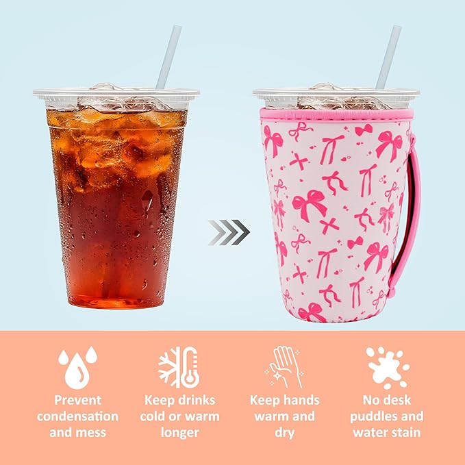 KJQJLY 3 Pack Reusable Iced Coffee Sleeves for Iced Coffee Cups or Drinks Reusable Neoprene Insulated Sleeves for Hot and Cold Drinks from Starbucks, Dunkin, And More (Pink bow)
