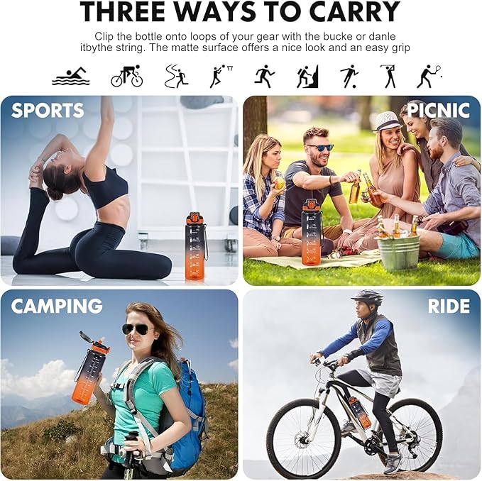 Water Bottle with Straw 1L,Boys Water Bottles with Straw 1 Litre,Waterbottle Leak-Proof Sports Water Bottle,Plastic Drinks Bottles Toxin Free，Bpa-Free (Black Orange)