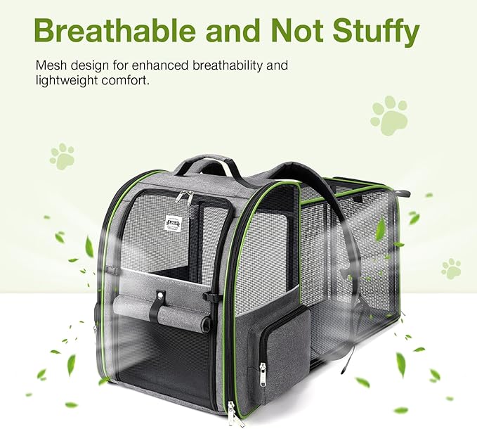 Large Cat Backpack Carrier Expandable Pet Carrier Backpack for Small Dogs Medium Cats Fit Up to 18 Lbs,Dogs Foldable Puppy Backpack Carrier for Travel, Hiking,Grey with Green Edge,L