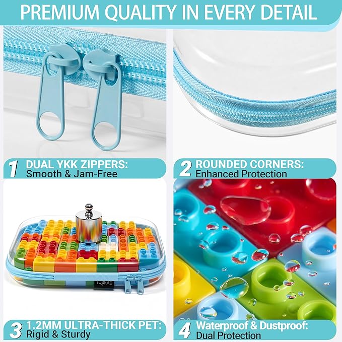 YQBRAO 3-Pack Clear Hard Shell Zipper Case Blue, 1.2mm Heavy-Duty Crush-Proof Travel Makeup Bag, Multi-Size (L+M+S) Diaper Bag Organizer Pouches, Rigid Clear Zipper Pouches for Tech, Toys & Home