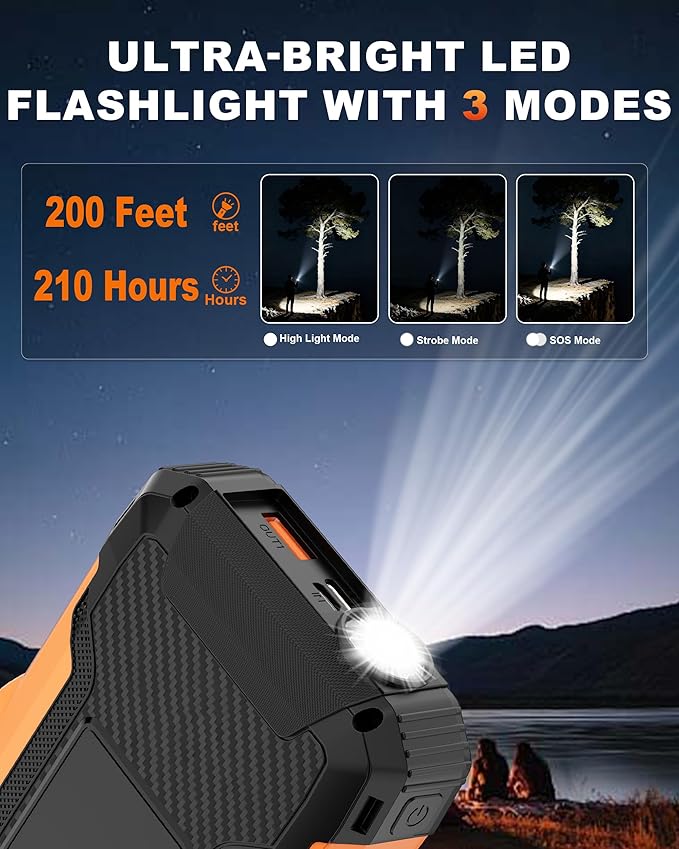 Solar Power Bank with Hand Crank and Retractable Cables, 20000mAh Wireless Portable Charger with USB-C & Camping Light, 25W Fast Charging Battery Pack for iPhone, iPad, Samsung, All Mobile Phones