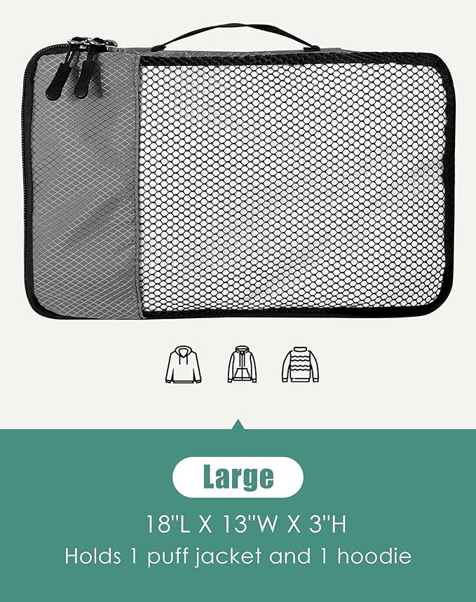 WTREE 4-Piece Packing Cubes Travel Accessories Set for Suitcases - Luggage Organizer Bags with Double Zipper - Mesh Top - Large - Dark Grey