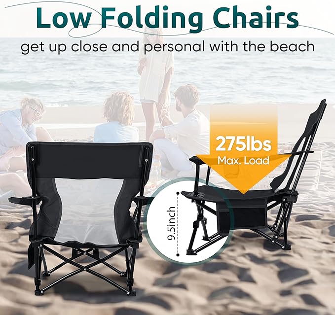HaSteeL Folding Beach Chair Set of 2, Foldable Black Camping Chairs for Outside, Low Beach Chair Portable for Adults Fishing, Picnic, Outdoor BBQ, Travel, Sports, Cup Holder & Storage Bag