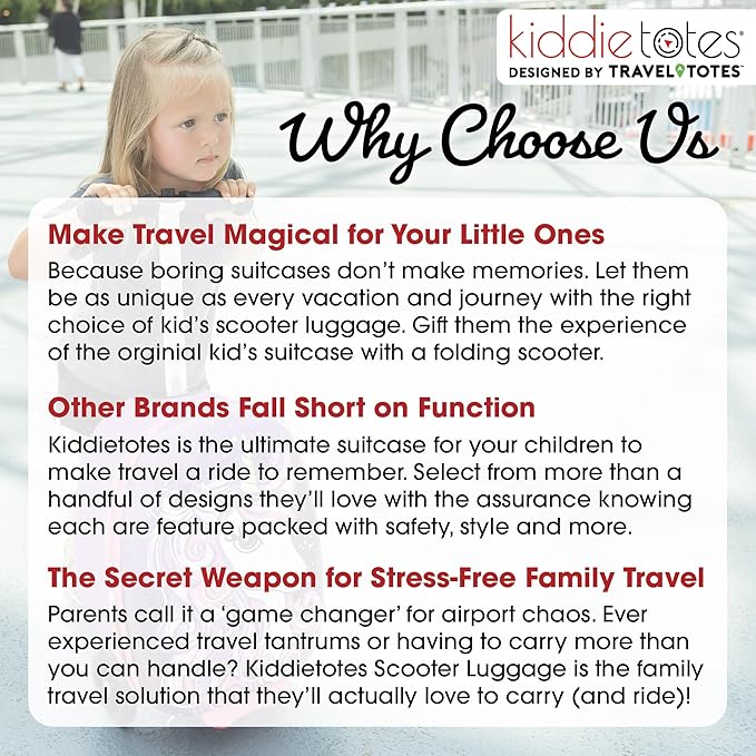 KIDDIETOTES Ride-On Scooter Suitcase for Kids – Hardside Lightweight Carry-On Luggage with Foldable Scooter, LED Wheels, Travel Fun for Toddlers & Children