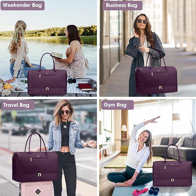Travel Weekender Duffle Bags for Women - Large Carry On Bag with Shoe Compartment Overnight Bag with Toiletry Bag Duffel Bags with Wet Pocket for Gym Hospital Bags for Labor and Delivery Dark Purple