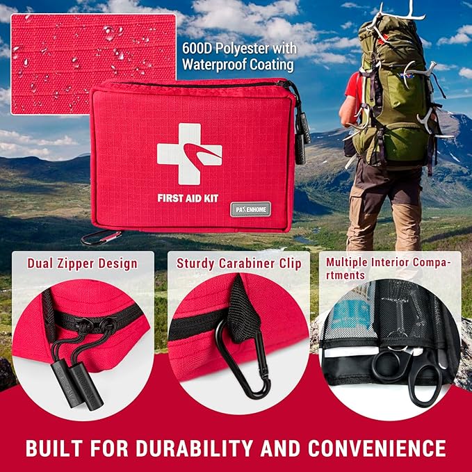 300 Piece First Aid Kit, Compact Waterproof First Aid Bag with 9 Organized Compartments, Portable Emergency Supplies Kit for Outdoor, Camping, Hiking, Car, Home, Travel, Office