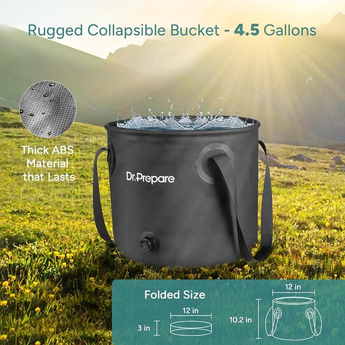DR.PREPARE Portable Shower for Camping, Camping Shower with 4.5 Gallons Foldable Bucket, USB Rechargeable Battery, 2 Shower Heads, Outdoor Camp Showers for Hiking, Travel, Climbing, Pet Cleaning