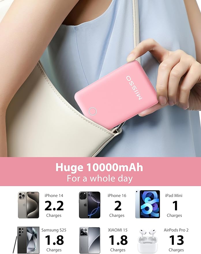 miisso 10000mAh Compatible with iPhone 15/16/17 and Android, Slim Portable Charger with Built in Cable, Power Bank Travel Charger External Battery Pack for Phone, 3 Output USB Type C Cord, Pink