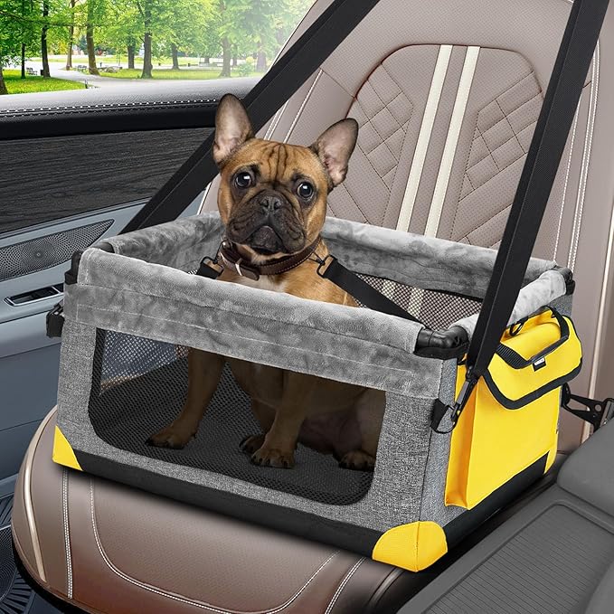 GENORTH Dog Car Seat for Small Pets Up to 20 lbs, with Storage Pocket and Dual Clip-On Safety Leash, Foldable and Washable Design