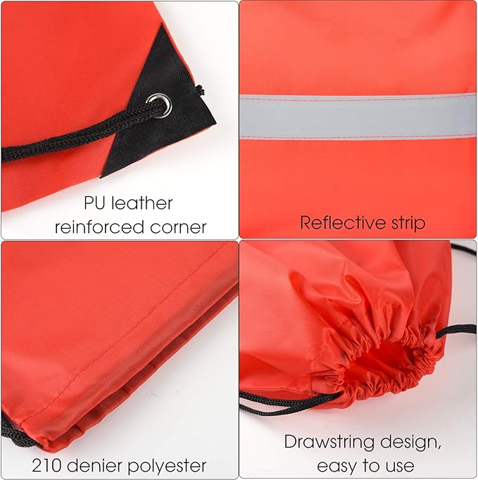 KUUQA 12 Pcs Red Drawstring Backpacks with Reflective Strips - Polyester, 15.7" x 13.4", Ideal for Yoga, Sport, Travel