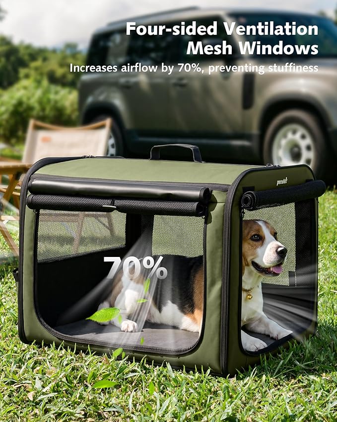 Large Dog Car Carrier Light Weight, 27×20.5×20.5ins Dog Carrier for Cars, Portable Dog Car Crate with Breathable Windows, Stable Pet Carrier for Both Indoor and Outdoor Use, Pet Travel Crate Green