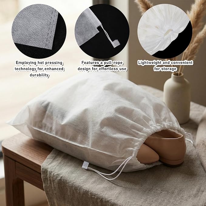 10 PCS White Non-Woven Shoe Storage Bags, Dust Bags for Purses, Travel Shoe Storage-Bag, Breathable Dust-proof Bag, Cloth Storage Pouch, Bag-Covers for Purse, Shoes (2 Sizes)