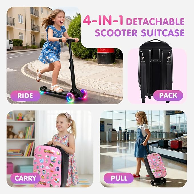 smilesun 4-in-1 Detachable Scooter Luggage for Kids & Teens, Foldable Hardside Ride On Suitcase with LED Wheels, Stylish and Safe Design(Pink)