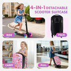 smilesun 4-in-1 Detachable Scooter Luggage for Kids & Teens, Foldable Hardside Ride On Suitcase with LED Wheels, Stylish and Safe Design(Pink)