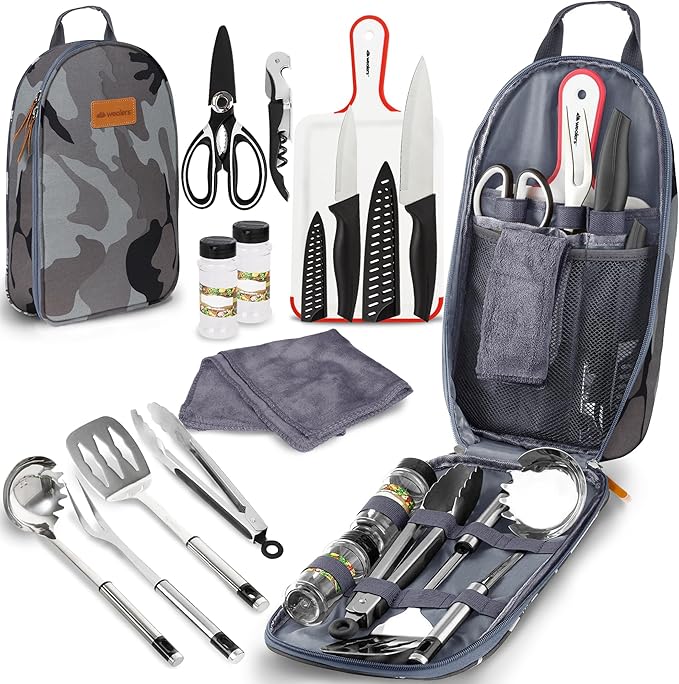 Wealers Camp Kitchen Cooking Utensil Set Travel Organizer Grill Accessories Portable Compact Gear for Backpacking BBQ Camping Hiking Travel Cookware Kit Water Resistant Case