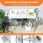 Folding Fish Cleaning Table with 2 Sinks, 42.5'' Portable Camping Sink Table with Foldable Faucet, Drainage Hose, Sprayer, Storage Box,Drawer & Grooves, Outdoor Fillet Station for Picnic, White