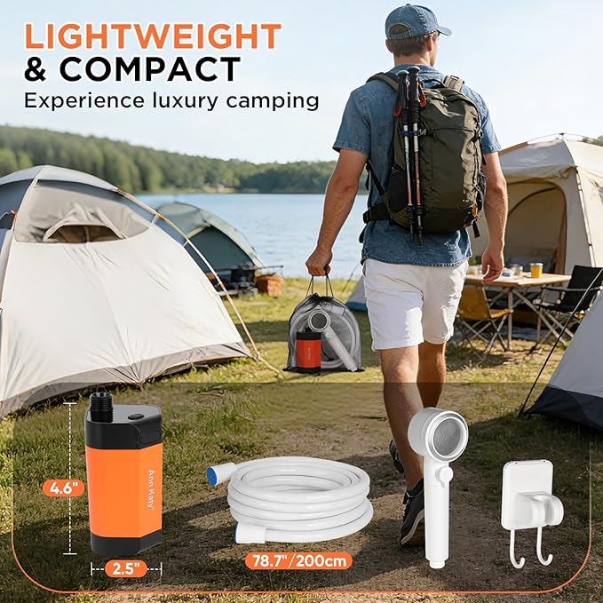 Ann Katy Portable Camping Shower Outdoor Camp Shower Pump,Upgrade Rechargeable Electric Shower Pump with Intelligent Digital Display Multiple Spray Modes for Camping, Hiking, Traveling,RV