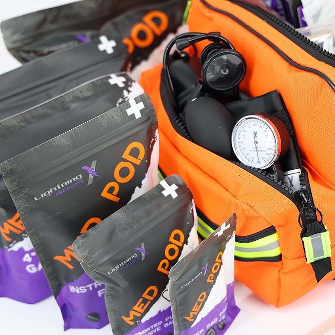 Lightning X Products Lightning X Pre-Stocked EMS/EMT Trauma Kit w/Large First Responder Bag & 256 Aid Medical Supplies - Orange