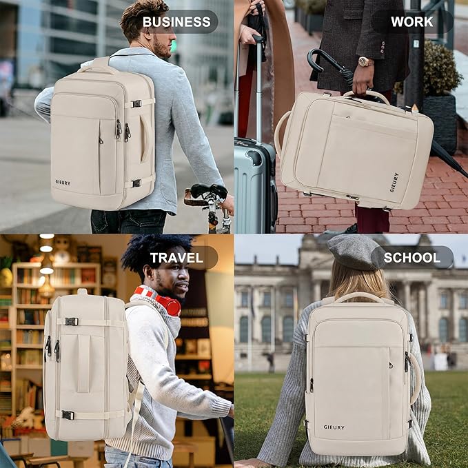 Gieury Travel Backpack, Extra Large 50L Expandable Backpack for Men Women, Carry On Backpack For Airplanes, Travel Essentials Luggage Suitcase Daypack Travel Gift Weekender Bag, Beige