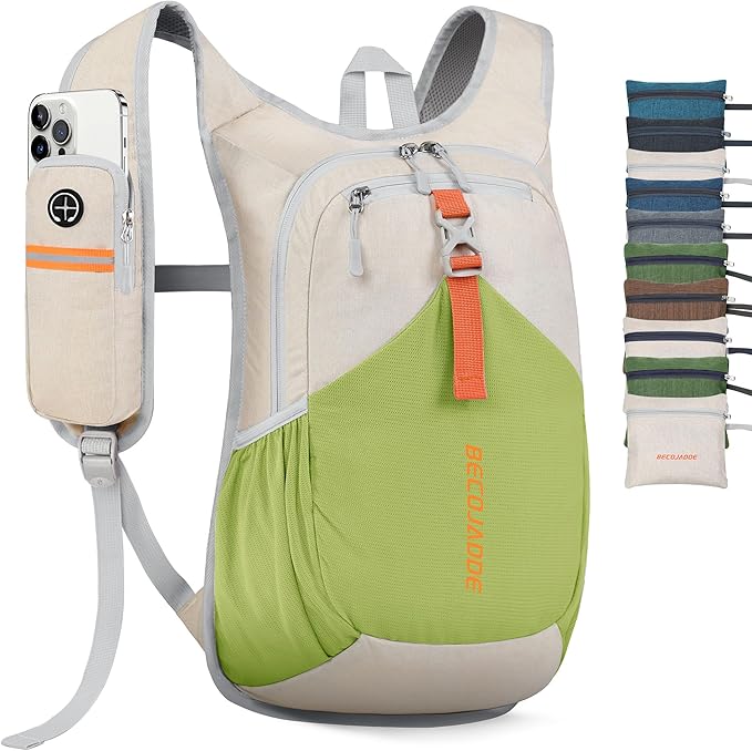 BECOJADDE 15L Small Hiking Backpack for Men Women Foldable Packable Back Pack Ultralight Hiking Daypack for Travel Camping Outdoor, Beige Green