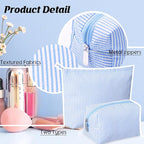 Huhumy 2 Pcs Makeup Bag Set Cute Cosmetic Pouch for Women Seersucker Travel Toiletry Bag Preppy Small Makeup Purse Pouch Aesthetic Skincare Brushes Storage Organizer for Valentine Women(Blue)