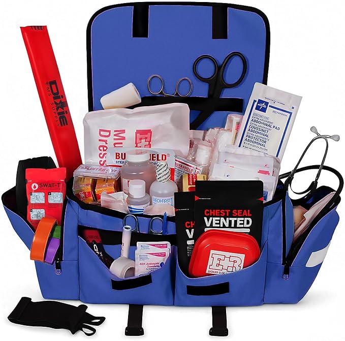 Fully Stocked EMT Trauma Bag – Tactical First Responder Medical Kit with Tourniquet, Chest Seals, Bleeding Control, Gauze, Shears & Bandages – Navy Blue