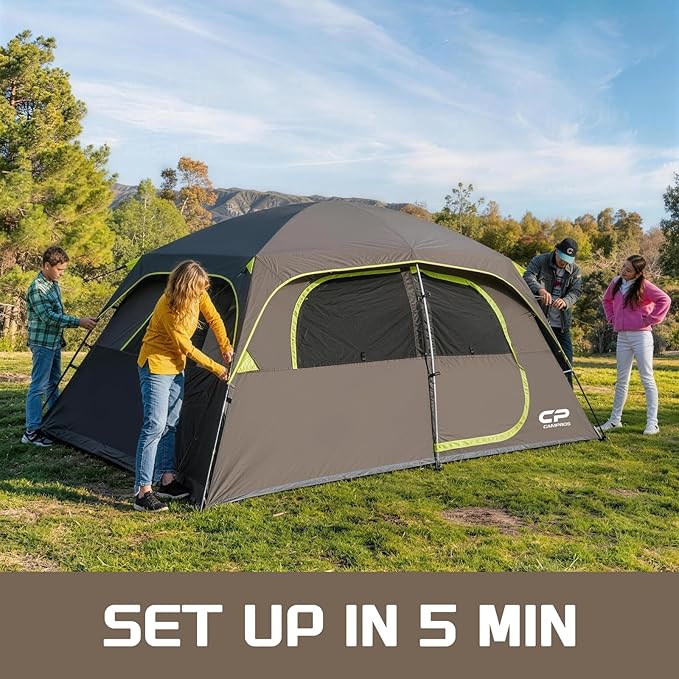 CAMPROS CP Upgraded 6/8 Person Camping Tents, Waterproof Windproof Family Tent with Larger Mesh Windows & Door, Double Layer, Easy Set Up, All-Season Dome Tent with Top Rainfly & Carry Bag
