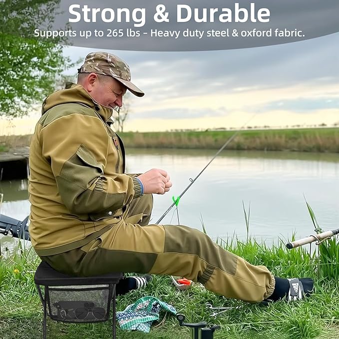Portable Folding Camp Stool with Side Pocket, Taller Foldable Camping Stool for Adults, Metal Backpacking Stool Lightweight Mini Folding Chair, Compact Camping Seat Travel Fishing Hiking Mobile Chair