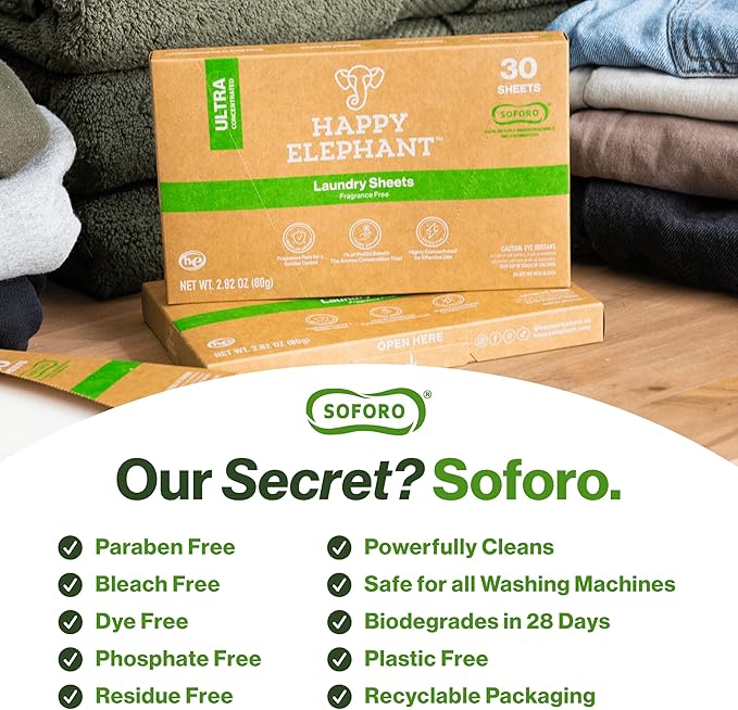 Happy Elephant Laundry Detergent Sheets, Fragrance Free, Natural Biodegradable Laundry Sheets, Travel Ready, Tough on Stains, Gentle on Skin, Compatible with HE & Any Washing Machine, 30 Sheet, 1 Pack